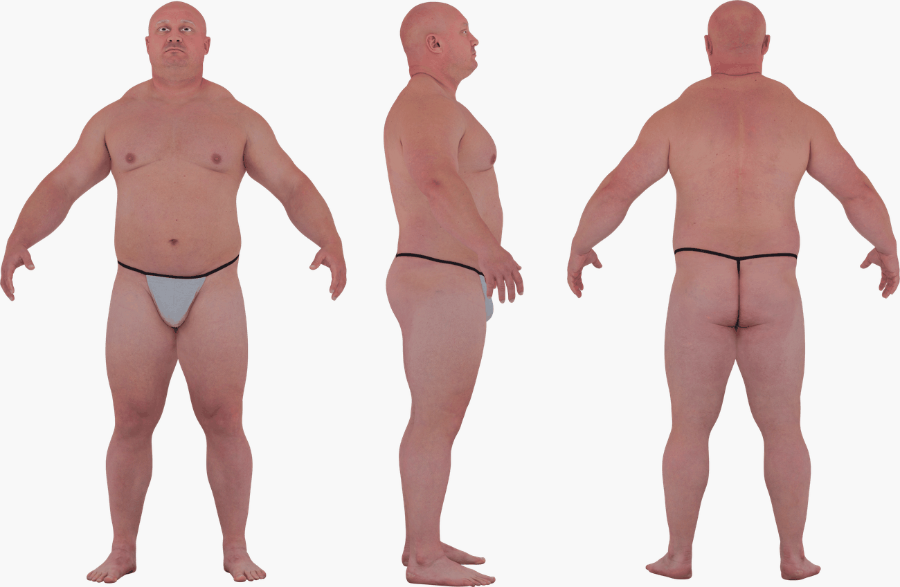 PBR texture map set for a heavy-set male 3D body scan including albedo, normals, specular, metalness, and diffuse at 16K resolution